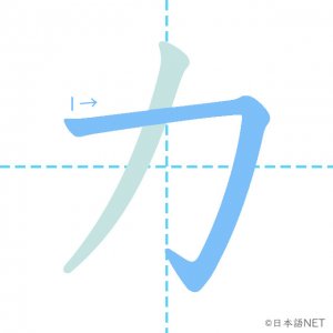 カタカナ「カ」の書き順：１画目