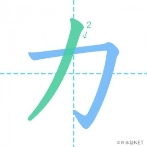 カタカナ「カ」の書き順：２画目