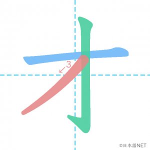 カタカナ「オ」の書き順：３画目