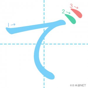 ひらがな「で」の書き順
